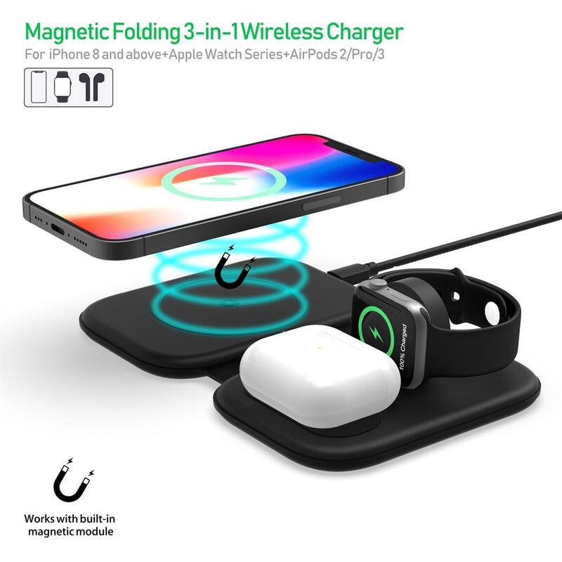 Magnetic Folding 3-in-1 Wireless Charger  
For iPhone 8 and above + Apple Watch Series + AirPods 2/Pro/3  

Works with built-in magnetic module