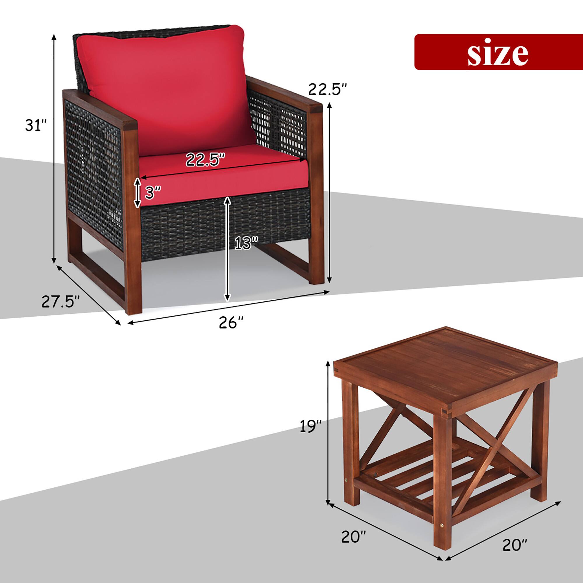 - Size: 22.5" x 31" x 22.5" x 3" x 13" x 27.5" x 26"
- Table: 20" x 20" x 19"