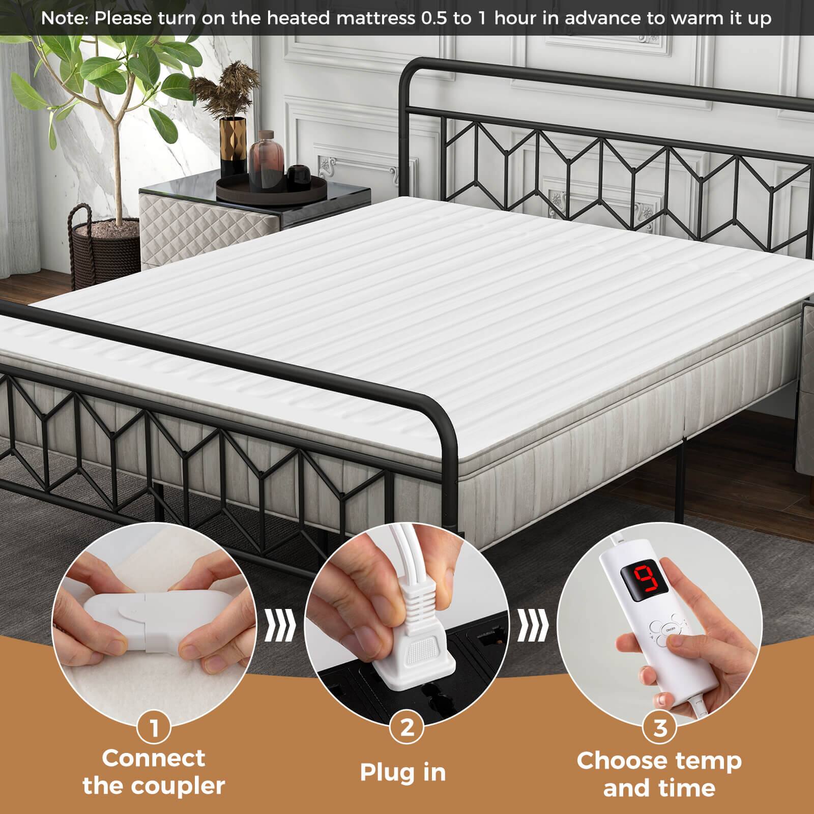 Note: Please turn on the heated mattress 0.5 to 1 hour in advance to warm it up

1. Connect the coupler
2. Plug in
3. Choose temp and time