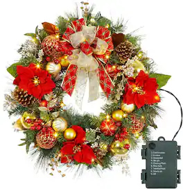 GARVEE - 30 Inch Christmas Wreath with Lights, Lighted Large Outdoor Christmas Door Wreath with 40 Battery Operated LED Lights - Green