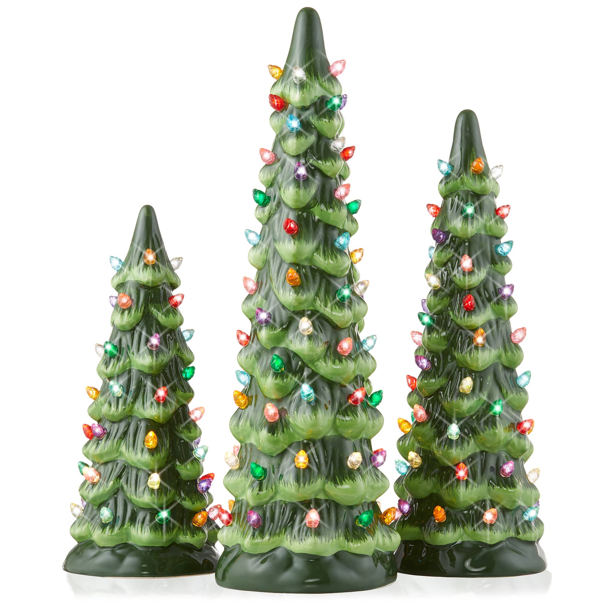 Casafield - 3PC Set 8/10/12" Pre-Lit Ceramic Christmas Trees with Lights - Green w/ Multicolor