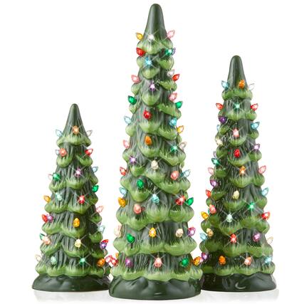 Front. Casafield - 3PC Set 8/10/12" Pre-Lit Ceramic Christmas Trees with Lights - Green w/ Multicolor.