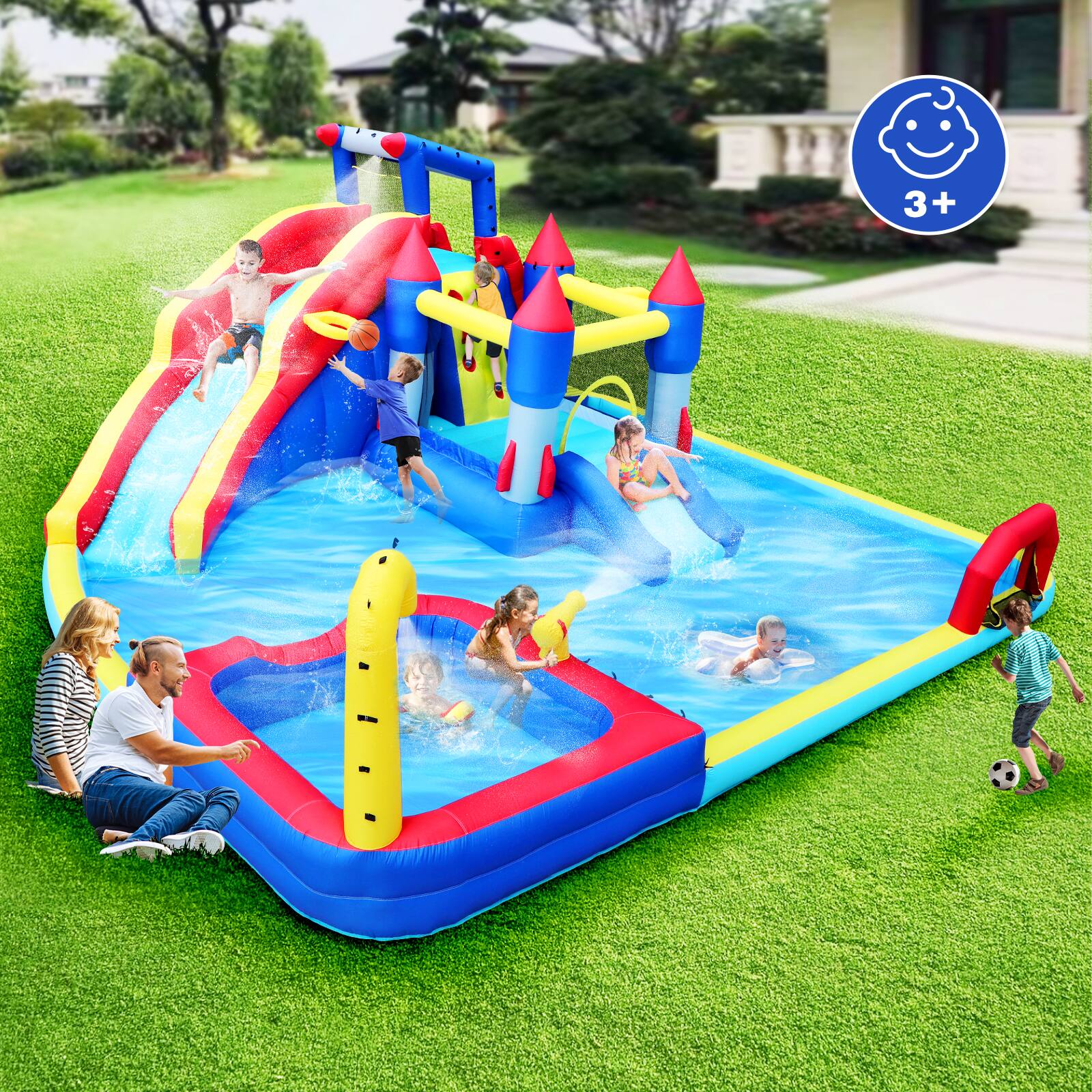 Alt View 3. Loheer - Loheer 10 in 1 Inflatable Water Park Bouncing House with Dual Splash Pools Climbing Wall and Water Gun for Kids Backyard.