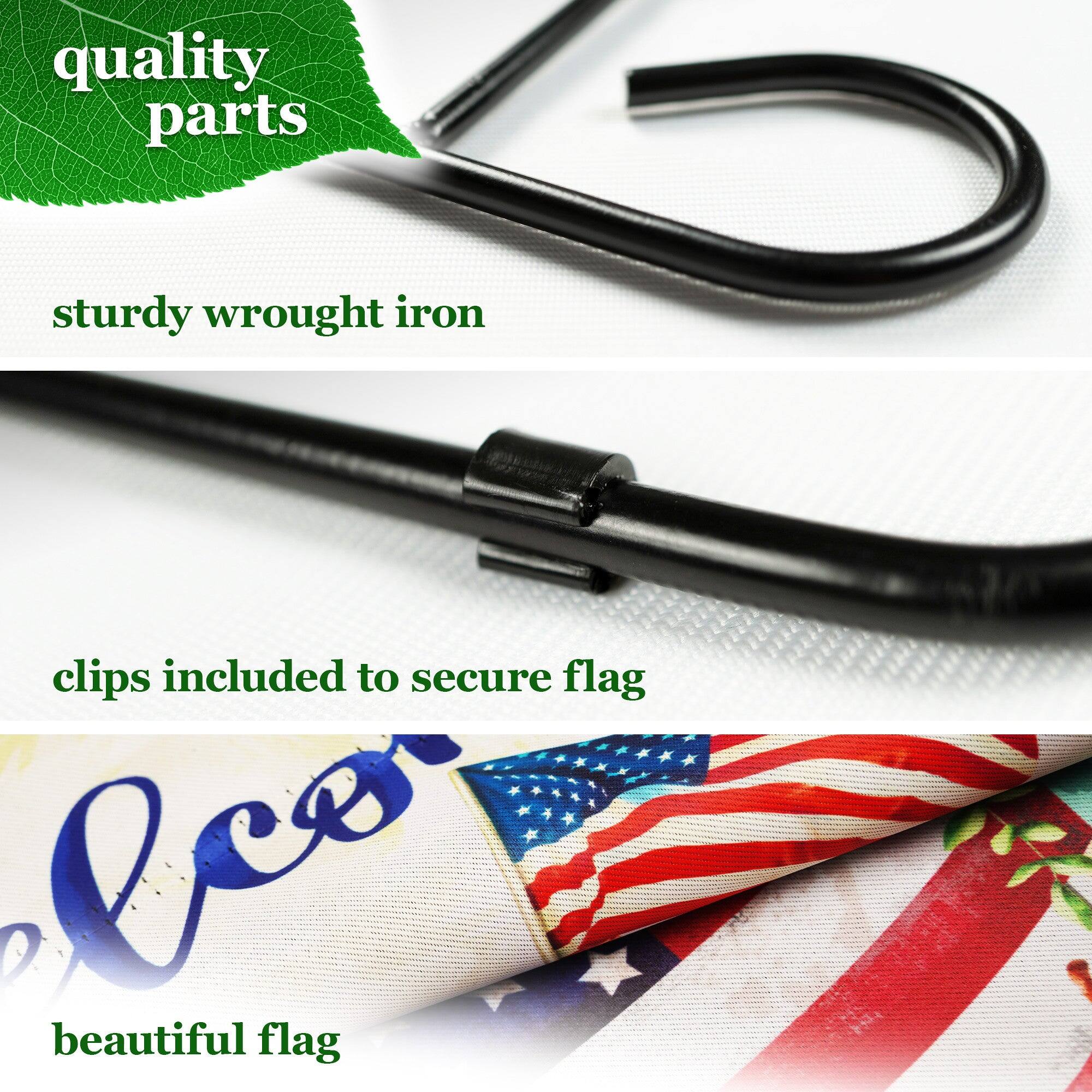 quality parts  
sturdy wrought iron  
clips included to secure flag  
beautiful flag