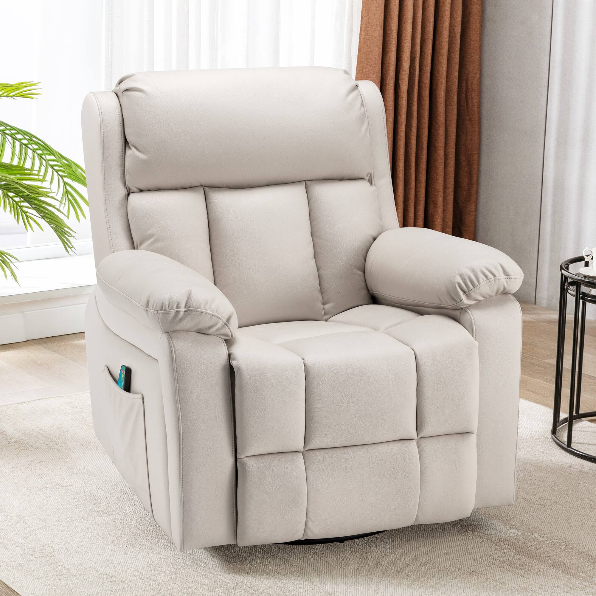 Angle. U-HOMY - Power Swivel Glider Recliner with Heat and Massage, 360° Rotation and Convenient Side Pocket for Living Room - Light Grey.