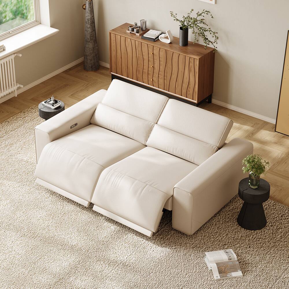 Left. POVISON - 79" Modern Power Reclining Loveseats Sofa with Dual Charging,  Deep Modular 90°-145° Recline, Luxury Leather,  Black - Beige Sustainable Leather.