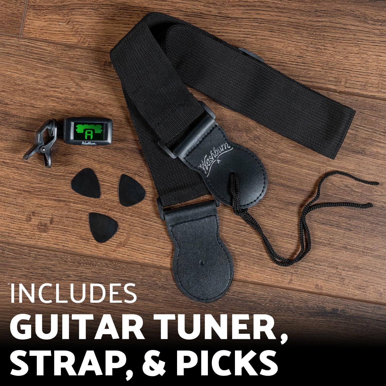 INCLUDES  
GUITAR TUNER, STRAP, & PICKS