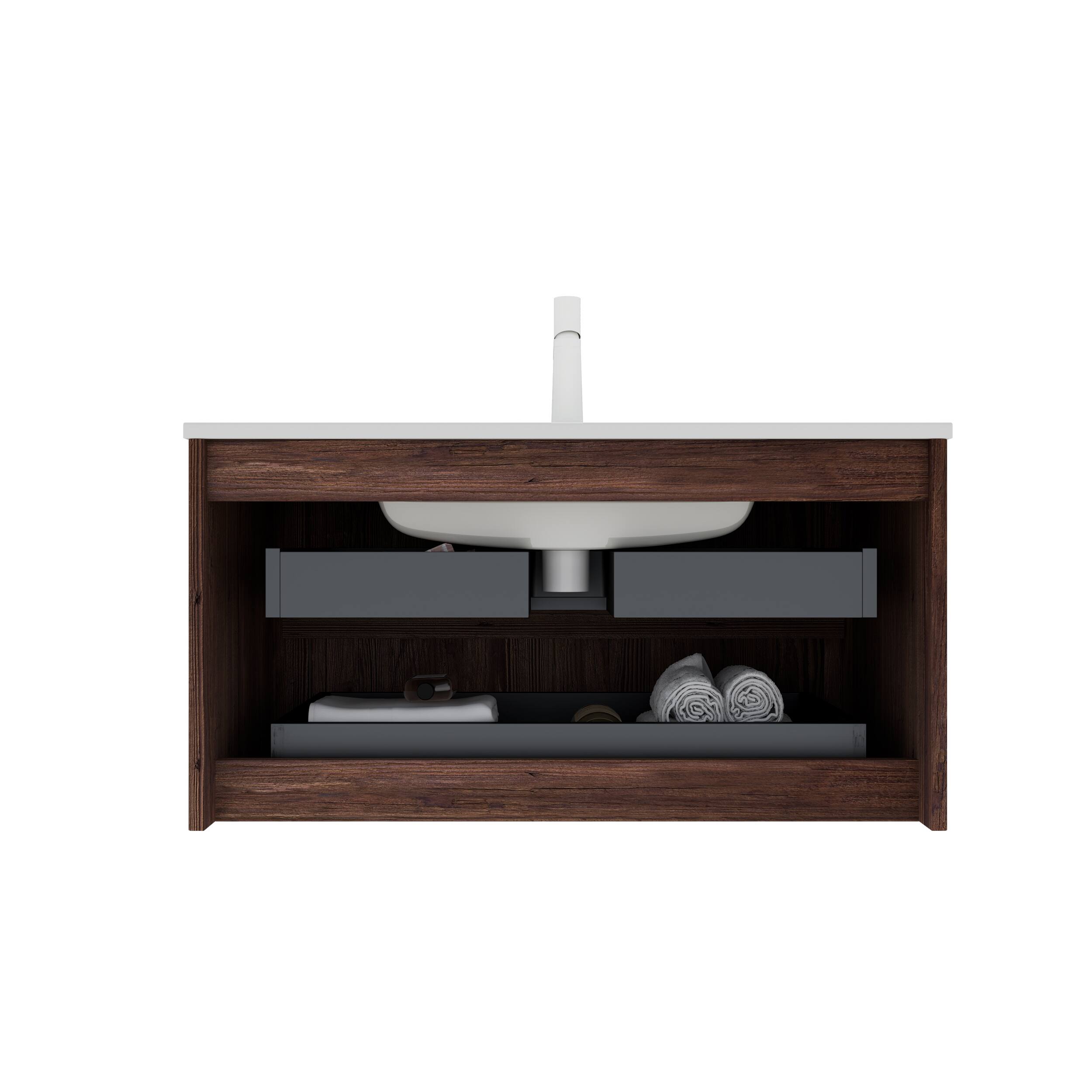 Back. TinyHomie - 30in Bathroom Vanity with Sink Wall-Mounted Floating Plywood Storage Cabinet with 2Drawers White Ceramic Basin NO Faucet - White and Deep Walnut.