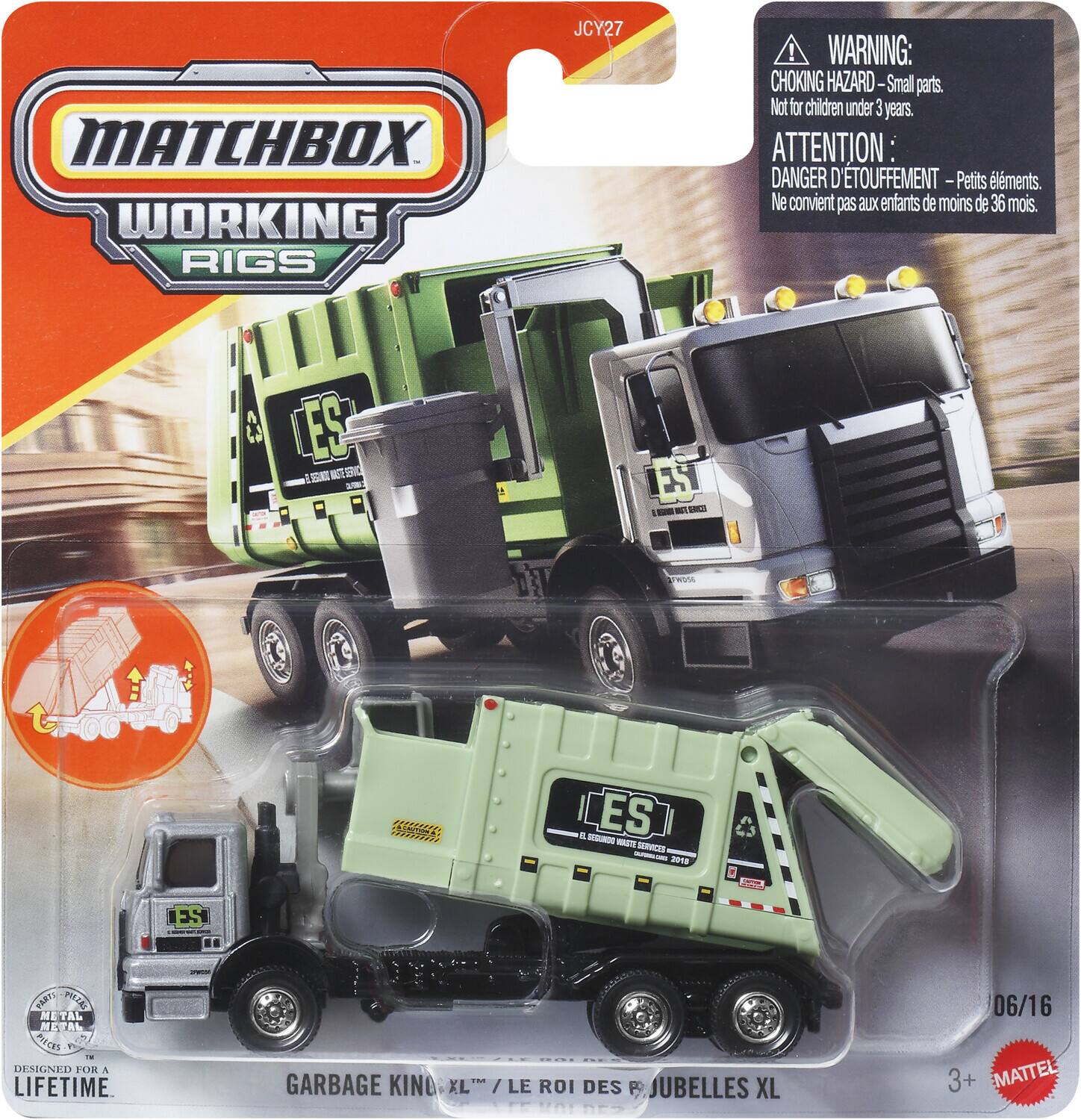 MATCHBOX WORKING RIGS  
JCY27  

WARNING: CHOKING HAZARD - Small parts. Not for children under 3 years.  
ATTENTION: DANGER D'ÉTOUFFEMENT - Petits éléments. Ne convient pas aux enfants de moins de 36 mois.  

ES  
EL WHITE SERVICE  
2019  

DESIGNED FOR A LIFETIME  

GARBAGE KING XL / LE ROI DES JUBELLES XL  

3+  

MATTEL  

06/16