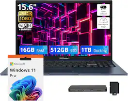 ASUS - Upgraded - Vivobook 15.6" FHD Business Laptop,Intel Core 3 100U,16GB DDR5,512GB SSD+1TB Dock Station Set,Wi-Fi 6,Win11Pro - Blue