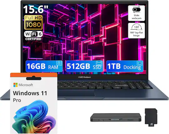 15.6" Full HD 1080 Slide webcam 180 Wi-Fi 6 CERTIFIED 180 lay-flat hinge 16GB RAM 512GB SSD 1TB Docking ASUS Vivobook Microsoft Windows 11 Pro