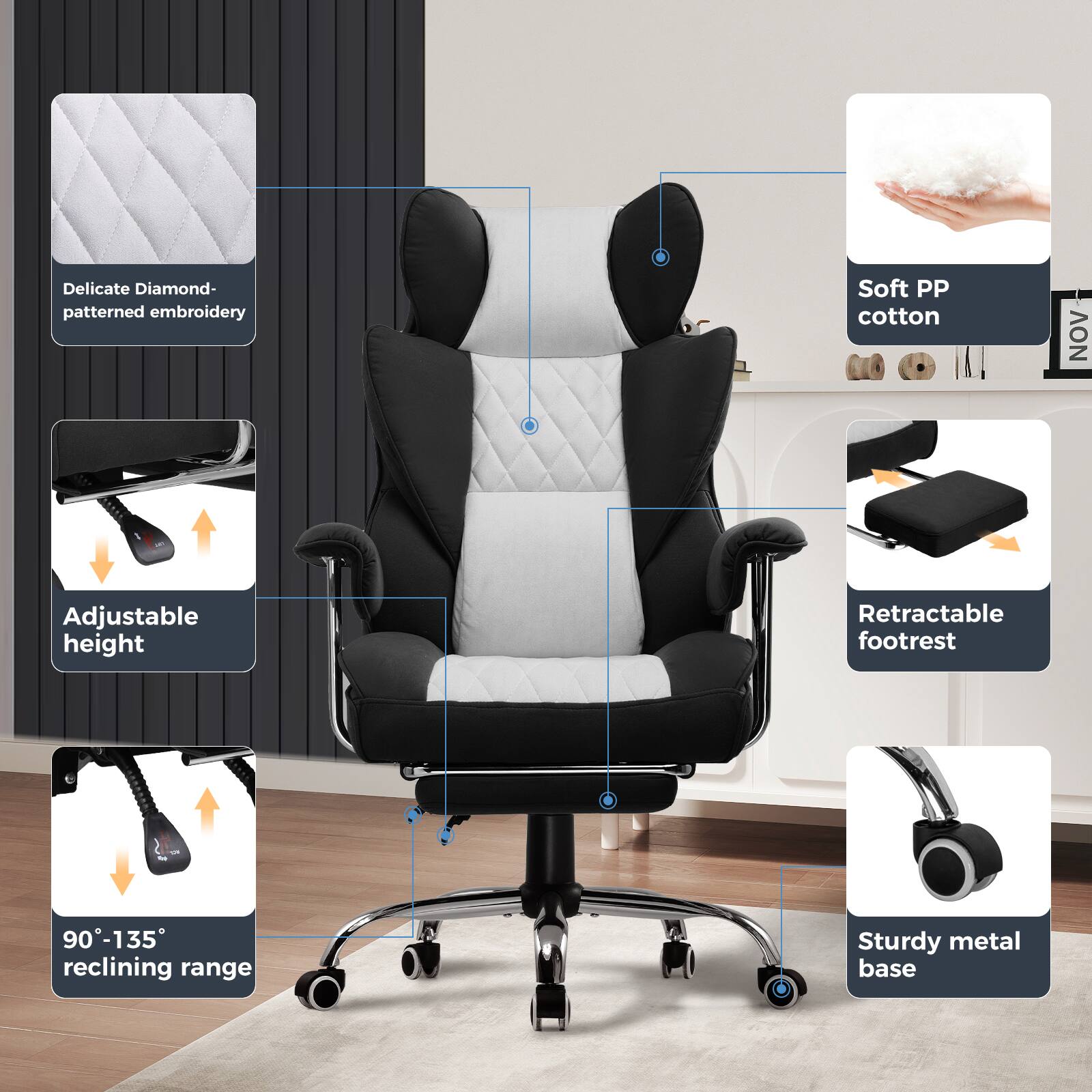 - Delicate Diamond-patterned embroidery
- Soft PP cotton
- Adjustable height
- Retractable footrest
- 90°-135° reclining range
- Sturdy metal base