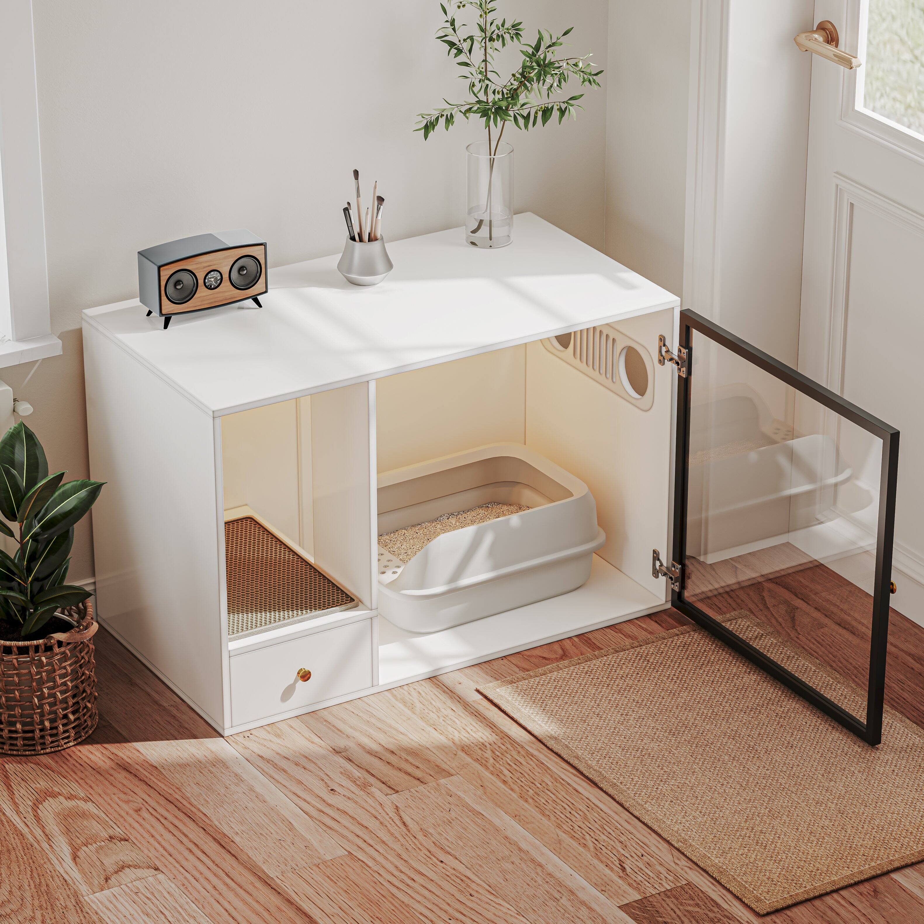 Alt View 1. MSOOB - Cat Litter Box Enclosure Furniture Style, White Large Hidden LitterBox Cat Cabinet with Storage and Glass Door - White.