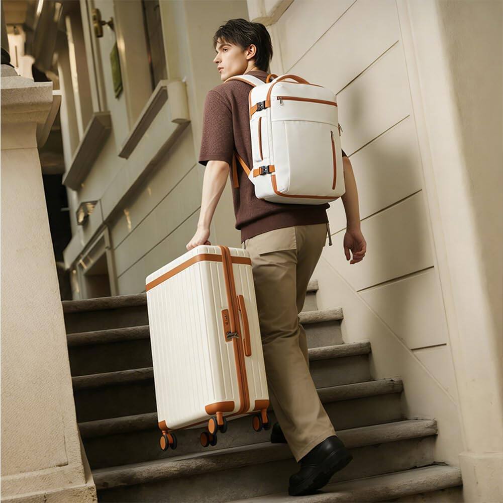 Angle. Quick Deer - 3 Piece Carry On Luggage Set with 20" Suitcase, 36L Travel Backpack with 180° Opening and Waterproof Toiletry Bag - White & Brown.