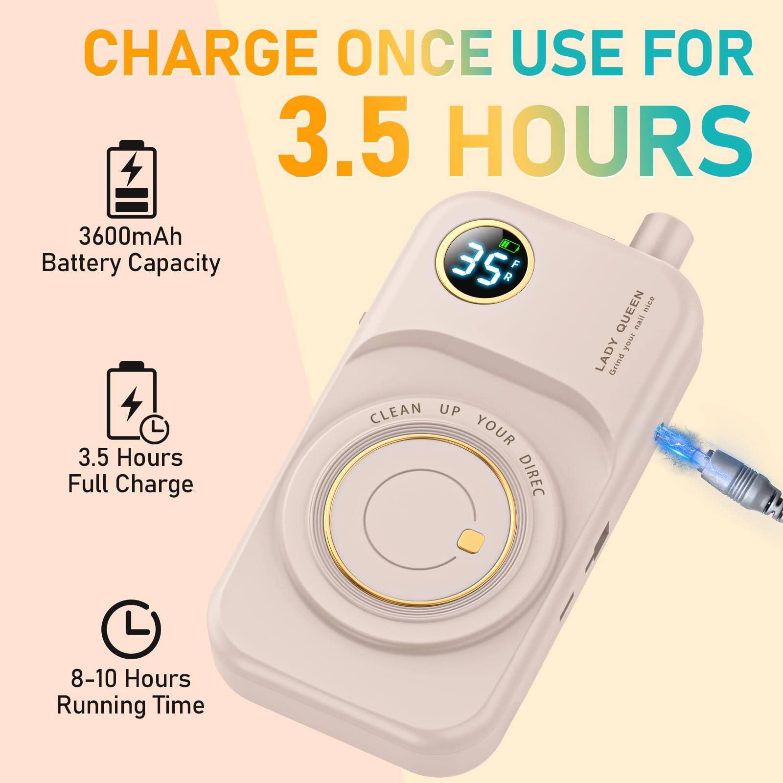 CHARGE ONCE USE FOR 3.5 HOURS

3600mAh Battery Capacity

3.5 Hours Full Charge

8-10 Hours Running Time
