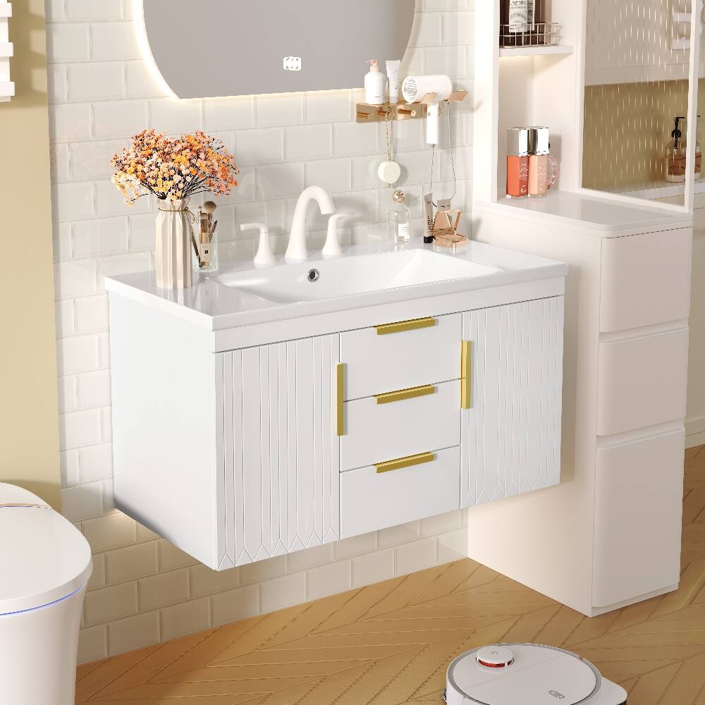 Angle. Loheer - Loheer 36 inch Wall Mounted Bathroom Vanity White Floating Bathroom Vanity with Resin Sink and 2 Drawers - White.