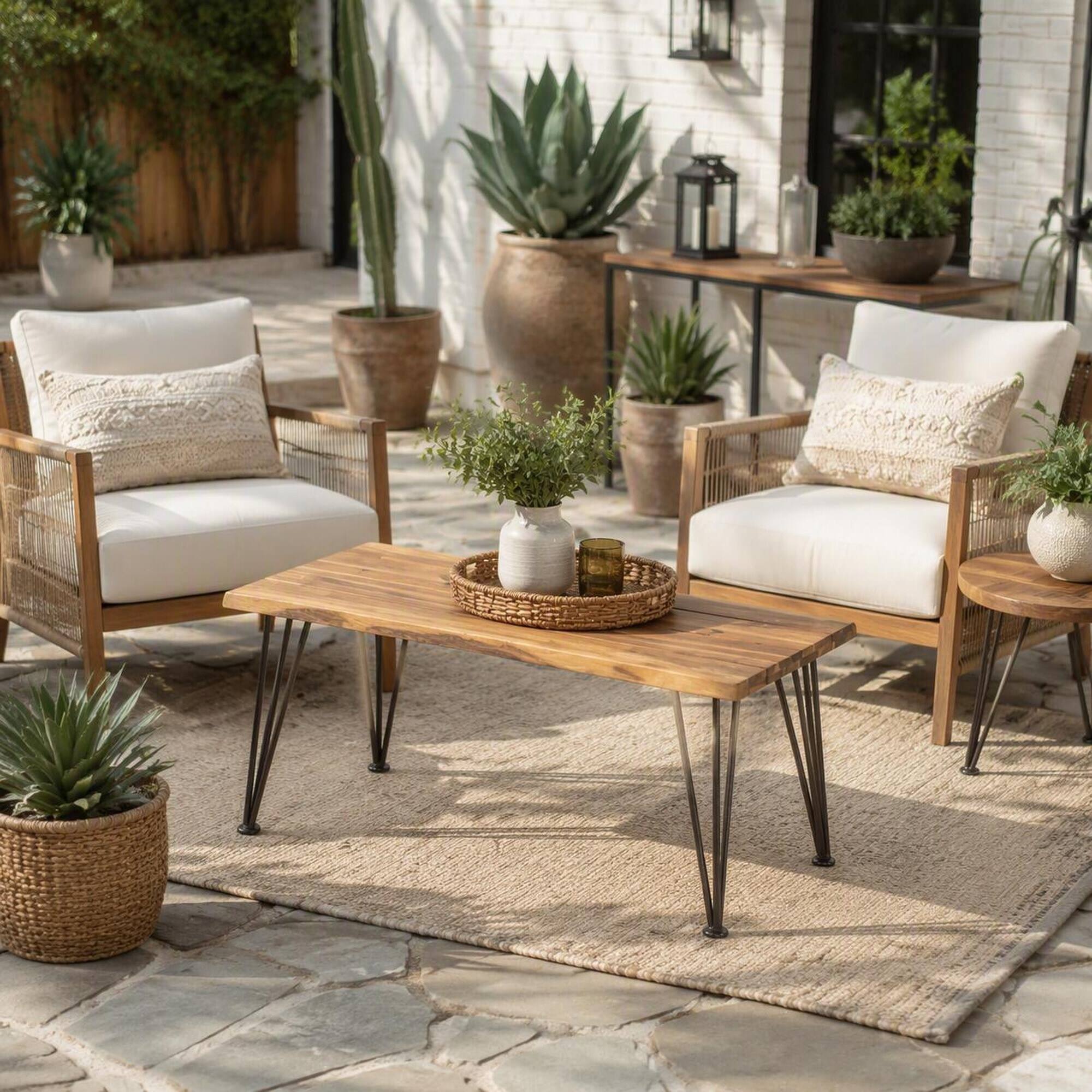 Left. RYHNUYNE - Outdoor Rectangular Coffee Table,Slatted Wood Top with Metal Legs,Patio Accent Side Table for Garden - Teak.