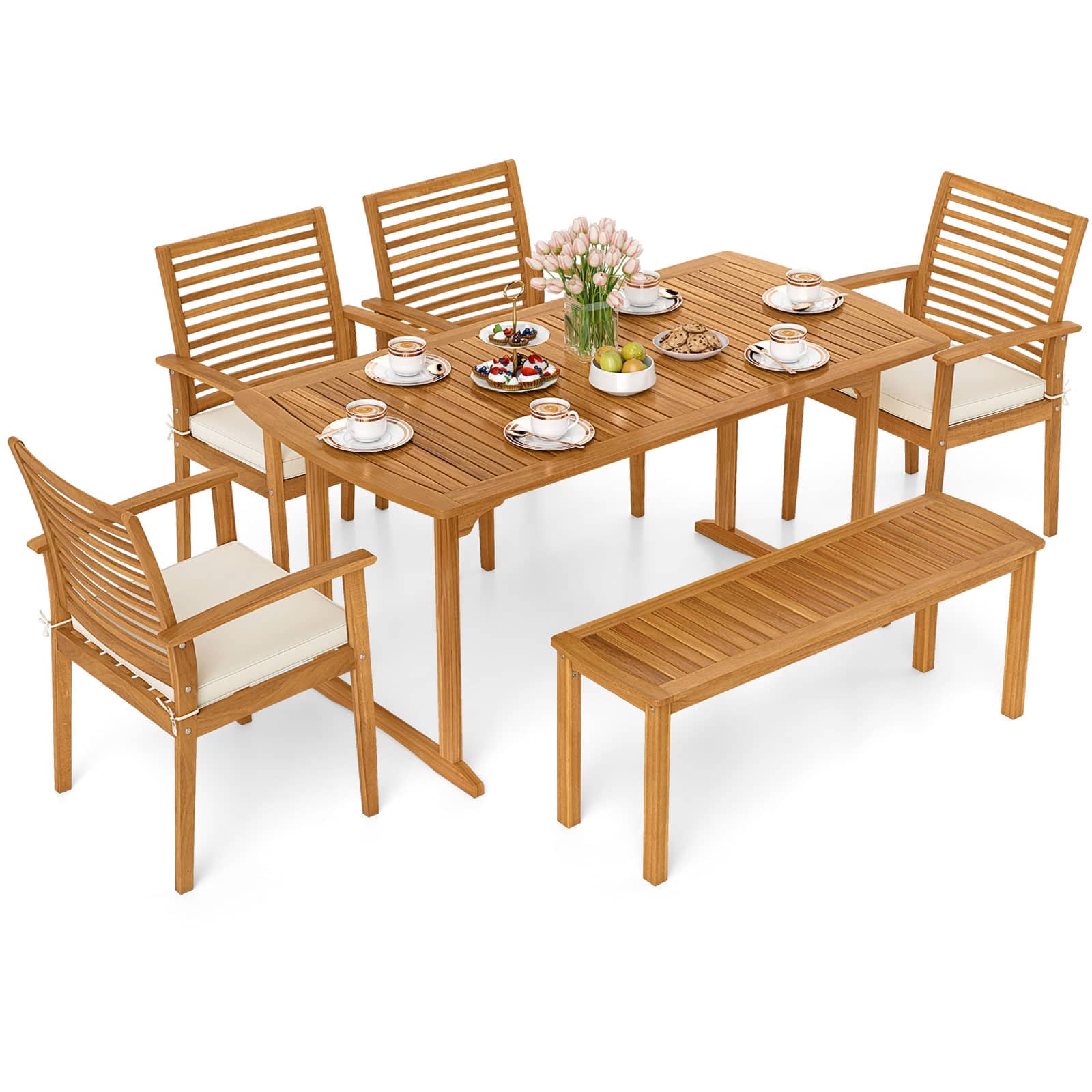 Costway - 6PCS Outdoor Acacia Wood Dining Set Rectangle Dining Table with 4 Chairs & Bench - Natural