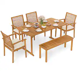 Costway - 6PCS Outdoor Acacia Wood Dining Set Rectangle Dining Table with 4 Chairs & Bench - Natural