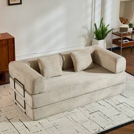 GOODSILO - Convertible Sleeper Sofa in Cylindroy Fabric | Features a Cylindrical Pillow & Space-Saving Foldable Design - Beige