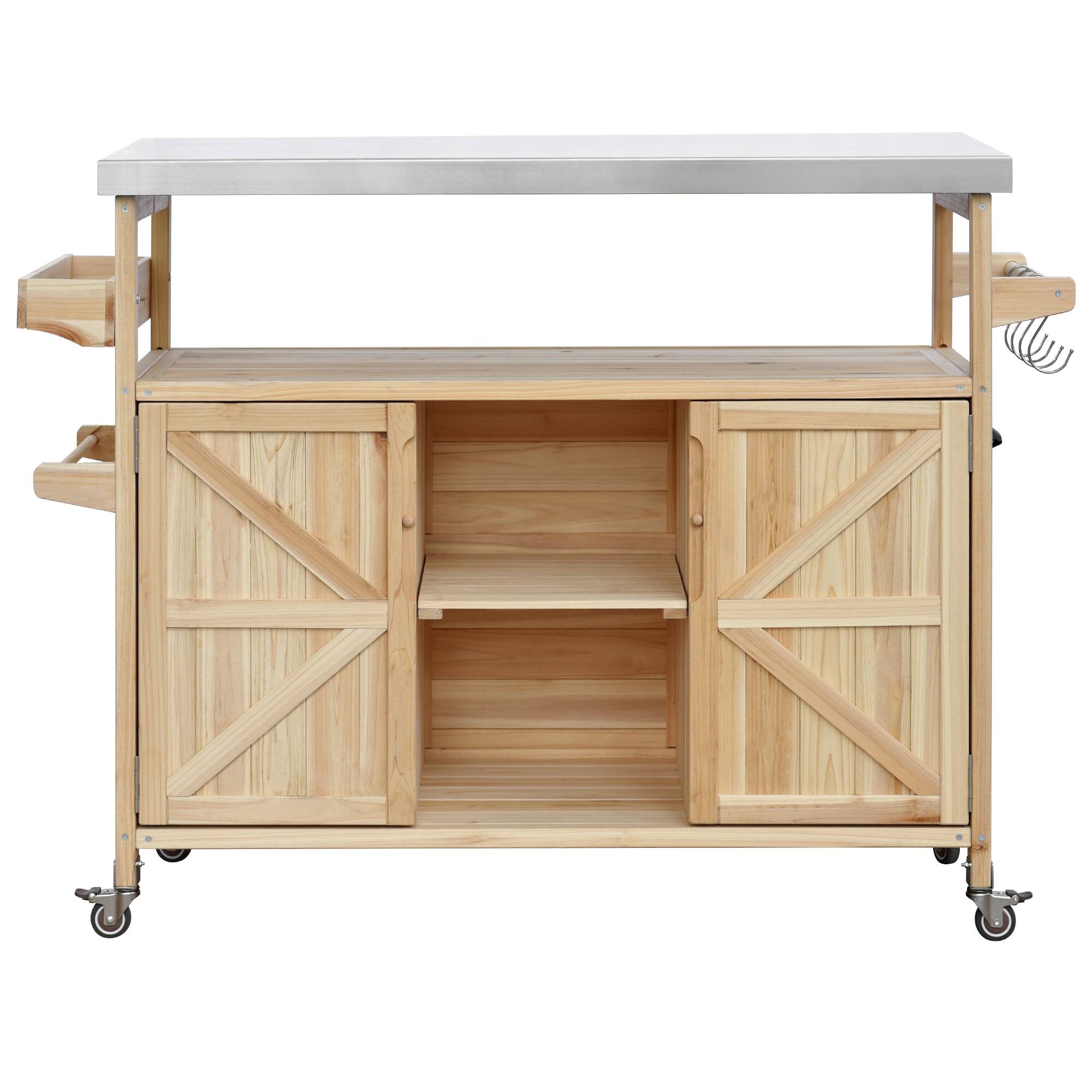 Back. PexFix - Solid Wood Outdoor Kitchen Island with Stainless Top, Rolling BBQ Grill Cart with Storage, Spice & Towel Rack for Patio - Natural.