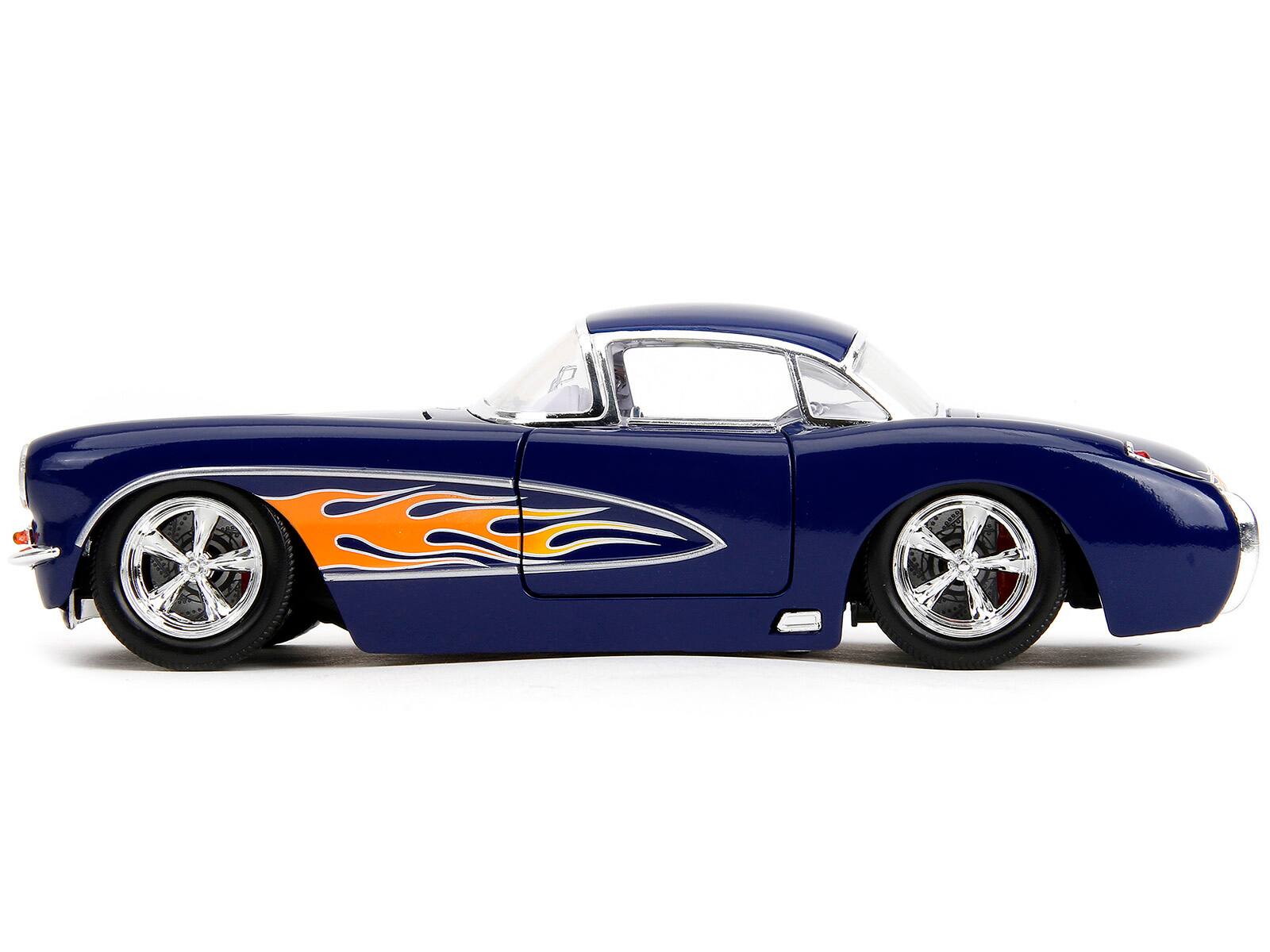 Alt View 3. Jada - 1957 Chevrolet Corvette Dark Blue with Flame Graphics and White Interior "Bigtime Muscle" Series 1/24 Model Car by Jada.