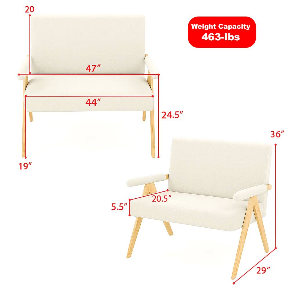 Weight Capacity: 463-lbs

Dimensions:
- Sofa: 47" (width) x 44" (depth) x 20" (height)
- Armrest: 24.5" (depth)
- Seat: 19" (depth) x 20.5" (width)
- Armrest height: 5.5"
- Overall height: 36"
- Overall depth: 29"
