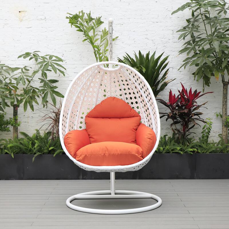 Back. LeisureMod - LeisureMod Modern Handwoven White Wicker Egg Swing Chair with Stand - Single Hanging Indoor/Outdoor Chair for Patio - Orange.