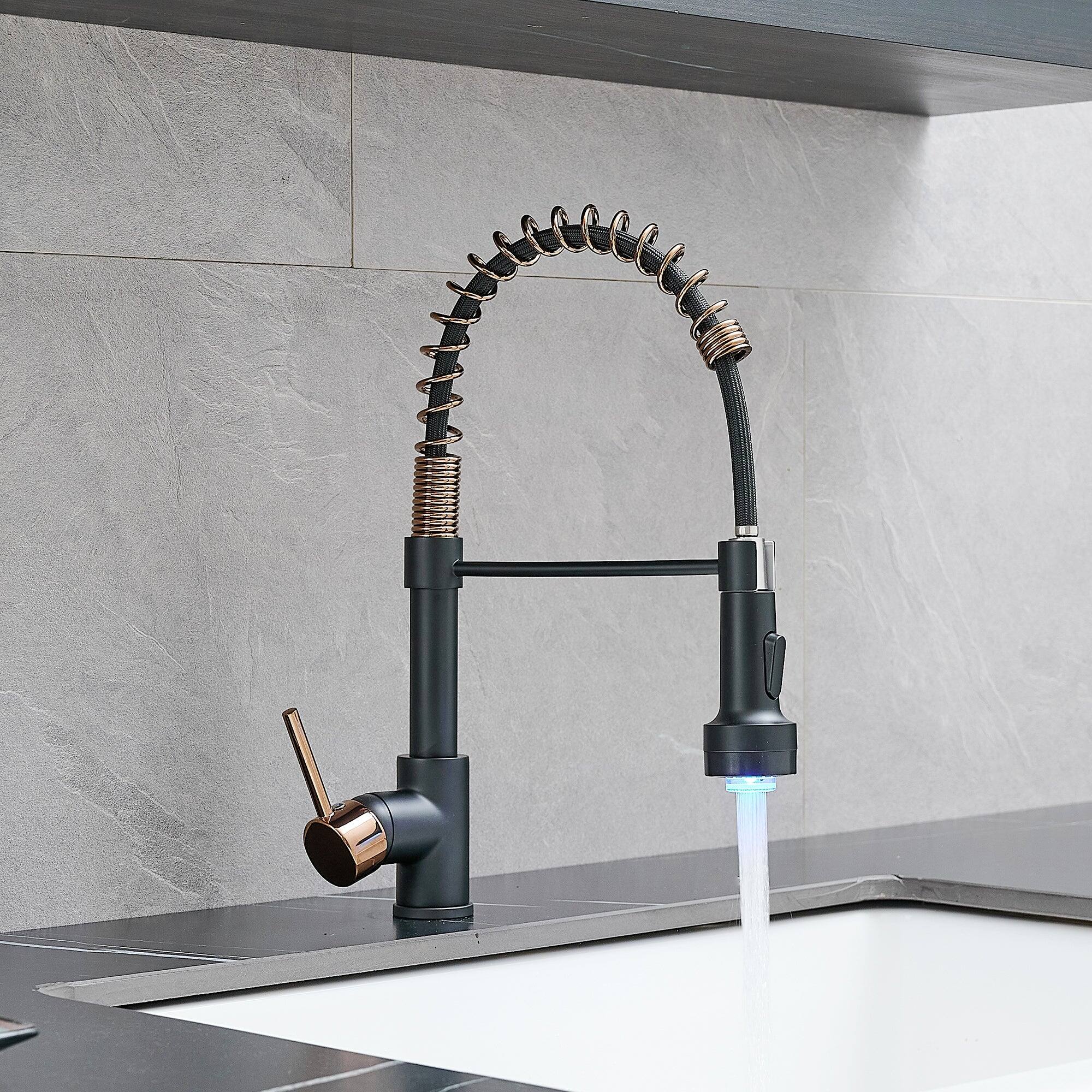 Alt View 9. Boyel Living - Brass Pull Down Sprayer Kitchen Faucet with LED Temperature Sensor Light in Matte Black Rose Gold - Matte Black with Rose Gold.