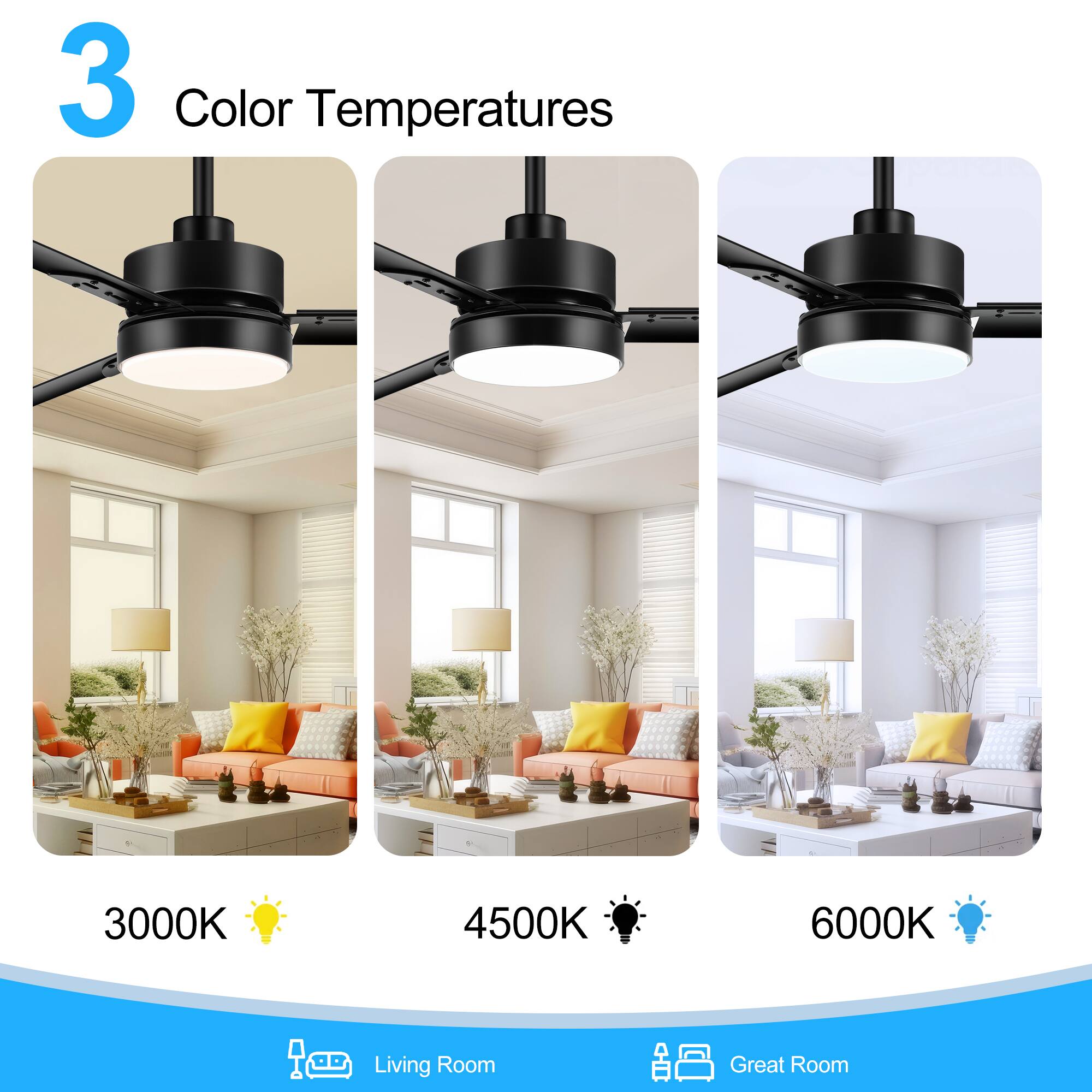 3 Color Temperatures
3000K
4500K
6000K
Living Room
Great Room