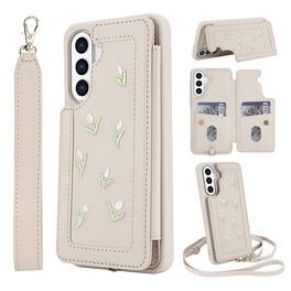 Dteck - Floral Flip Wallet Case for Samsung Galaxy A16 5G,Fashion Crossbody PU Leather Card Holder Phone Cover + Wrist Strap - White