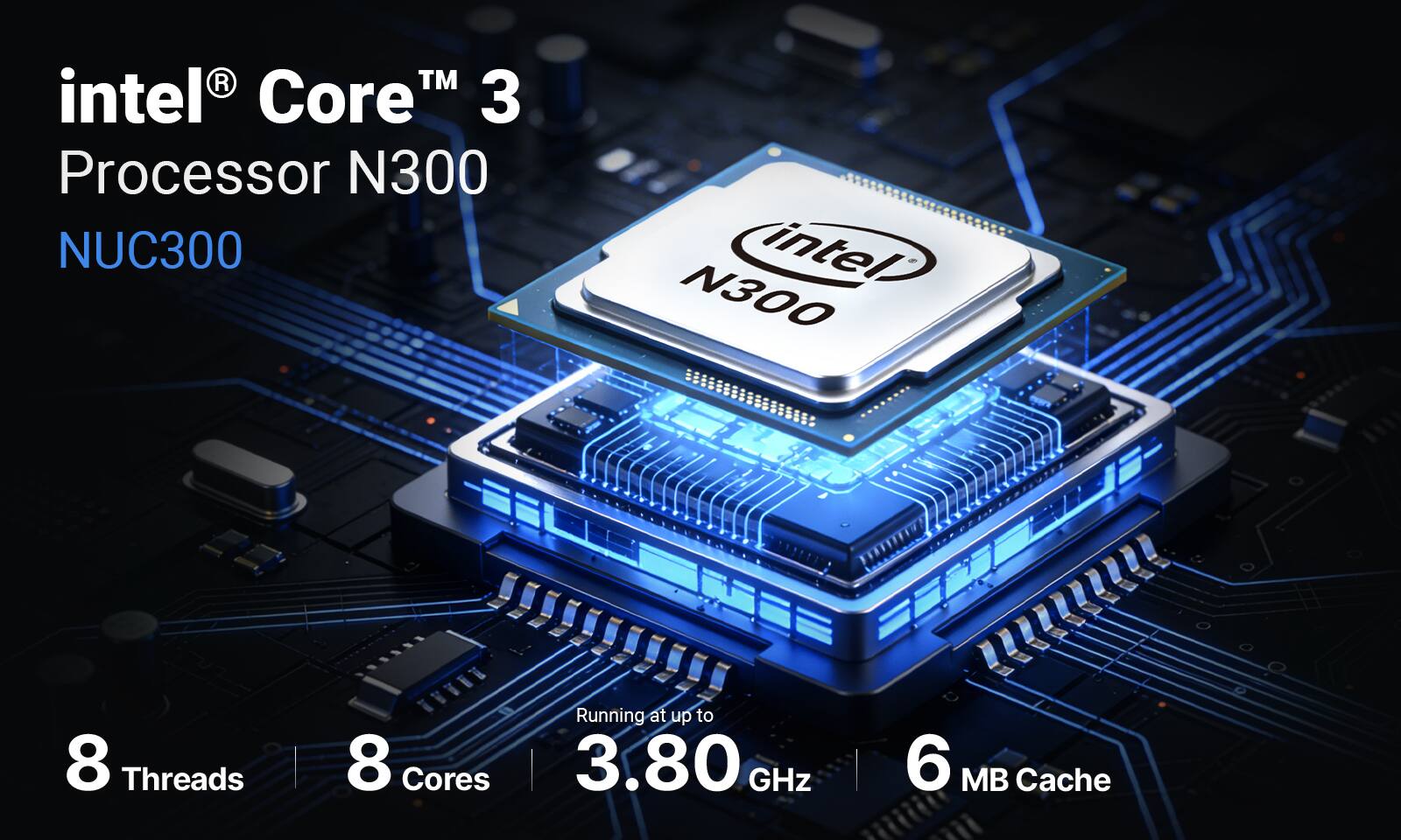 intel® Core™ 3 Processor N300  
NUC300  
8 Threads  
8 Cores  
Running at up to 3.80 GHz  
6 MB Cache