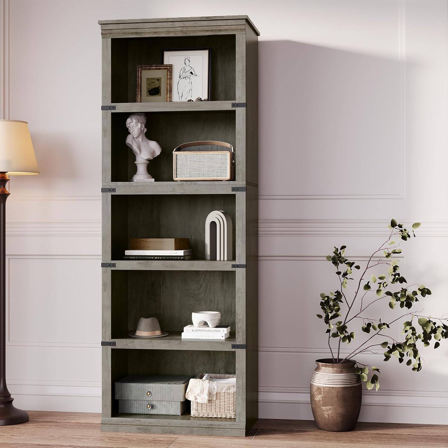 Babevy - 67" Rustic Farmhouse 5-Tier Book Shelf,Tall Farmhouse Bookshelf - Gray