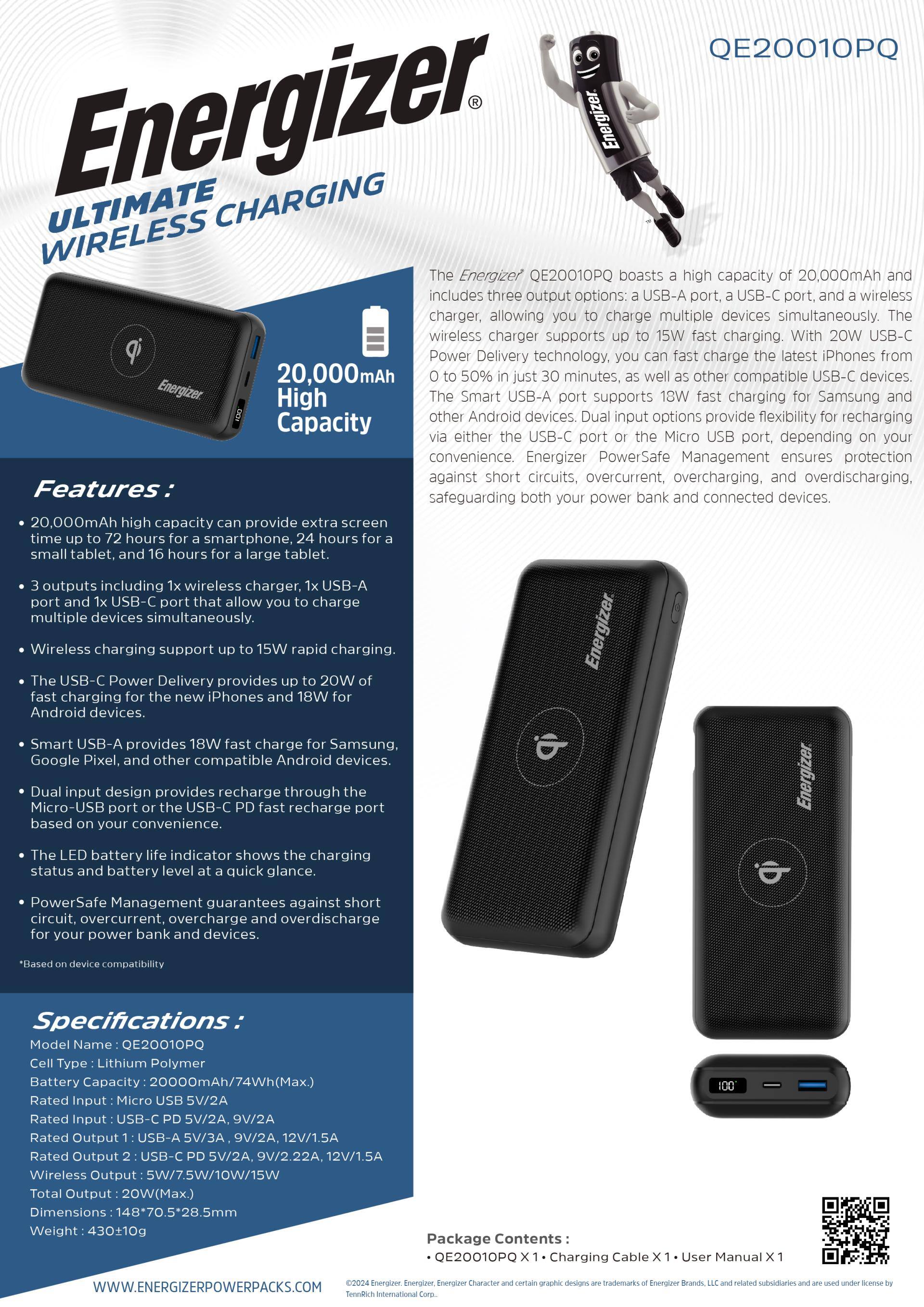 Energizer Ultimate Lithium 20,000 mAh 20W USB C PD & 15W Qi Wireless 4 ...