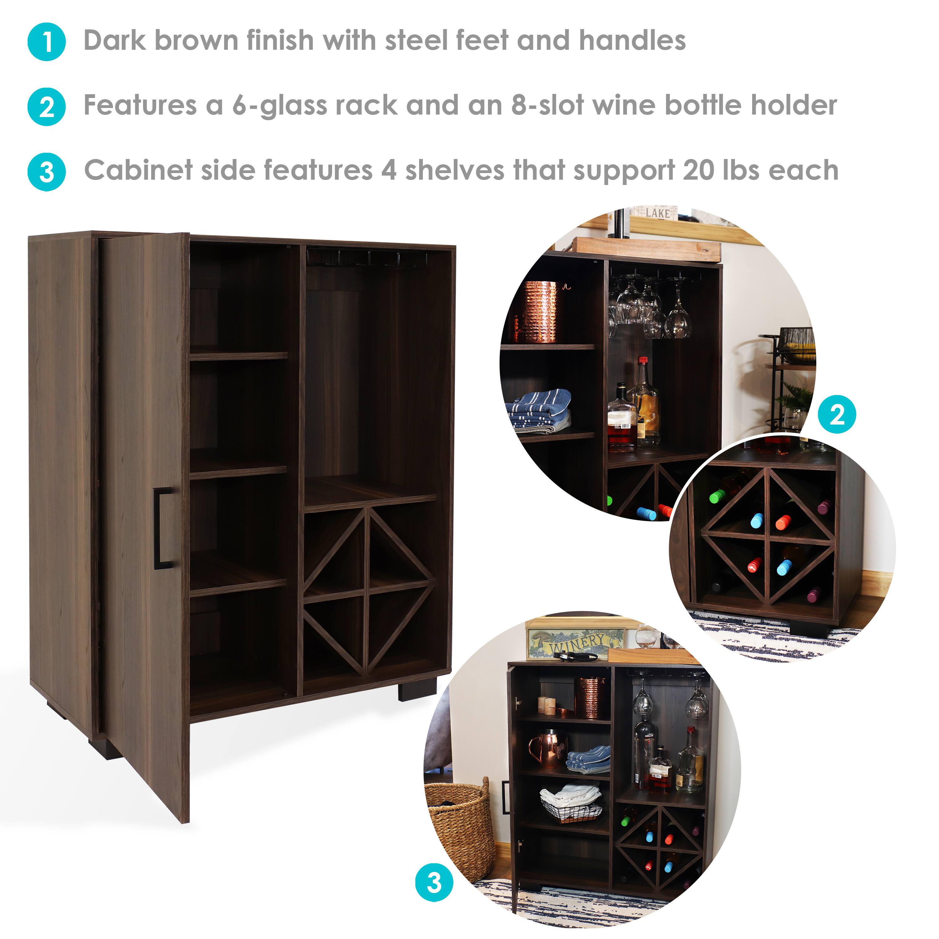 1. Dark brown finish with steel feet and handles  
2. Features a 6-glass rack and an 8-slot wine bottle holder  
3. Cabinet side features 4 shelves that support 20 lbs each