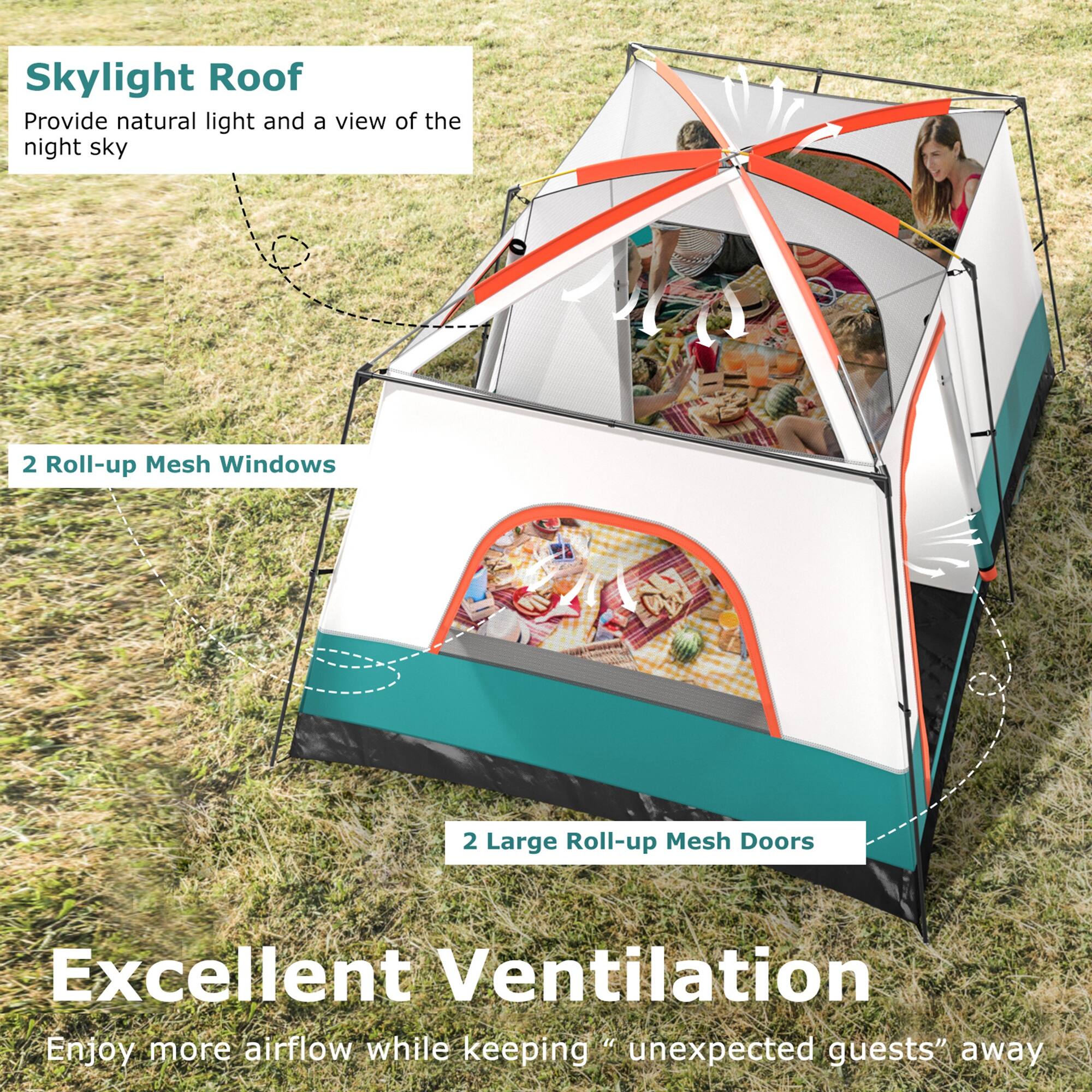 Skylight Roof  
Provide natural light and a view of the night sky  

2 Roll-up Mesh Windows  

2 Large Roll-up Mesh Doors  

Excellent Ventilation  
Enjoy more airflow while keeping "unexpected guests" away