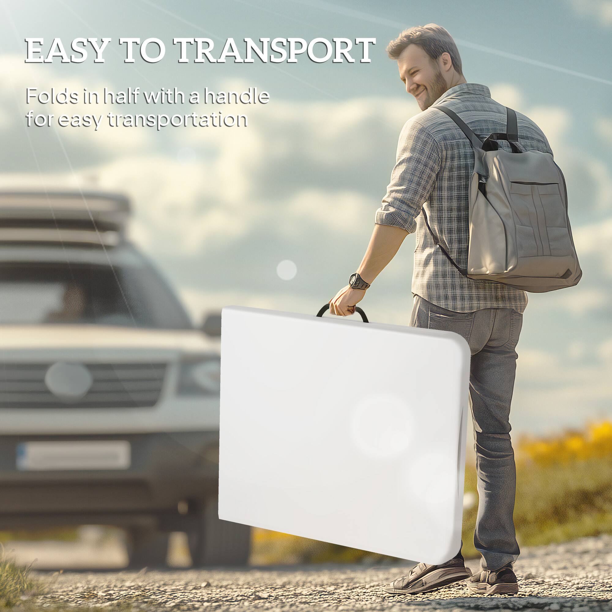 EASY TO TRANSPORT
Folds in half with a handle for easy transportation