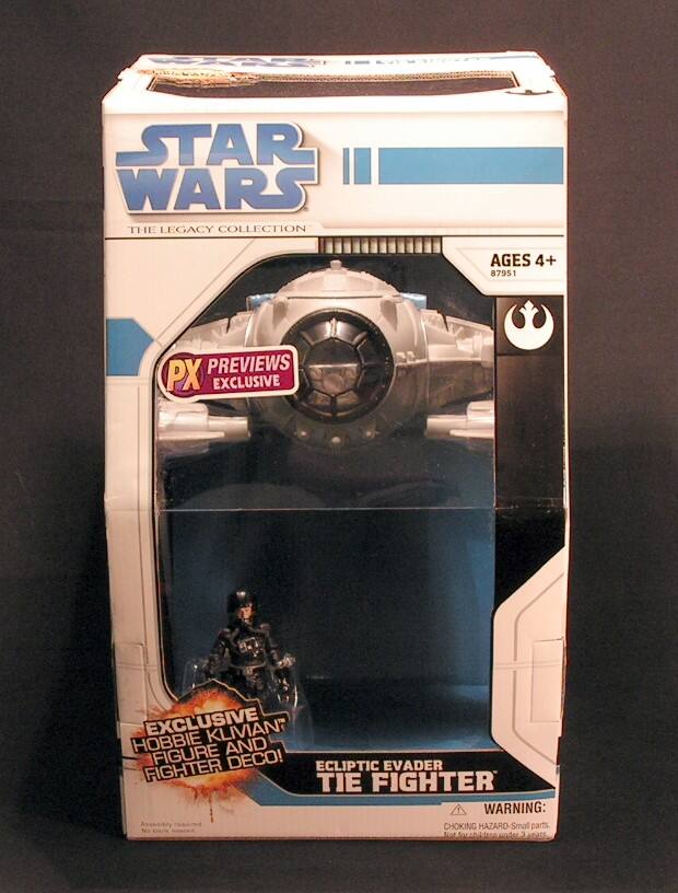 **Star Wars: The Legacy Collection**

**Ages 4+**

**87951**

**PX Previews Exclusive**

**Exclusive Hobby Klivian Figure and Fighter Deco!**

**Ecliptic Evader TIE Fighter**

**Warning: Choking Hazard - Small parts. Not for children under 3 years.**

**Assembled required. No tools needed.**