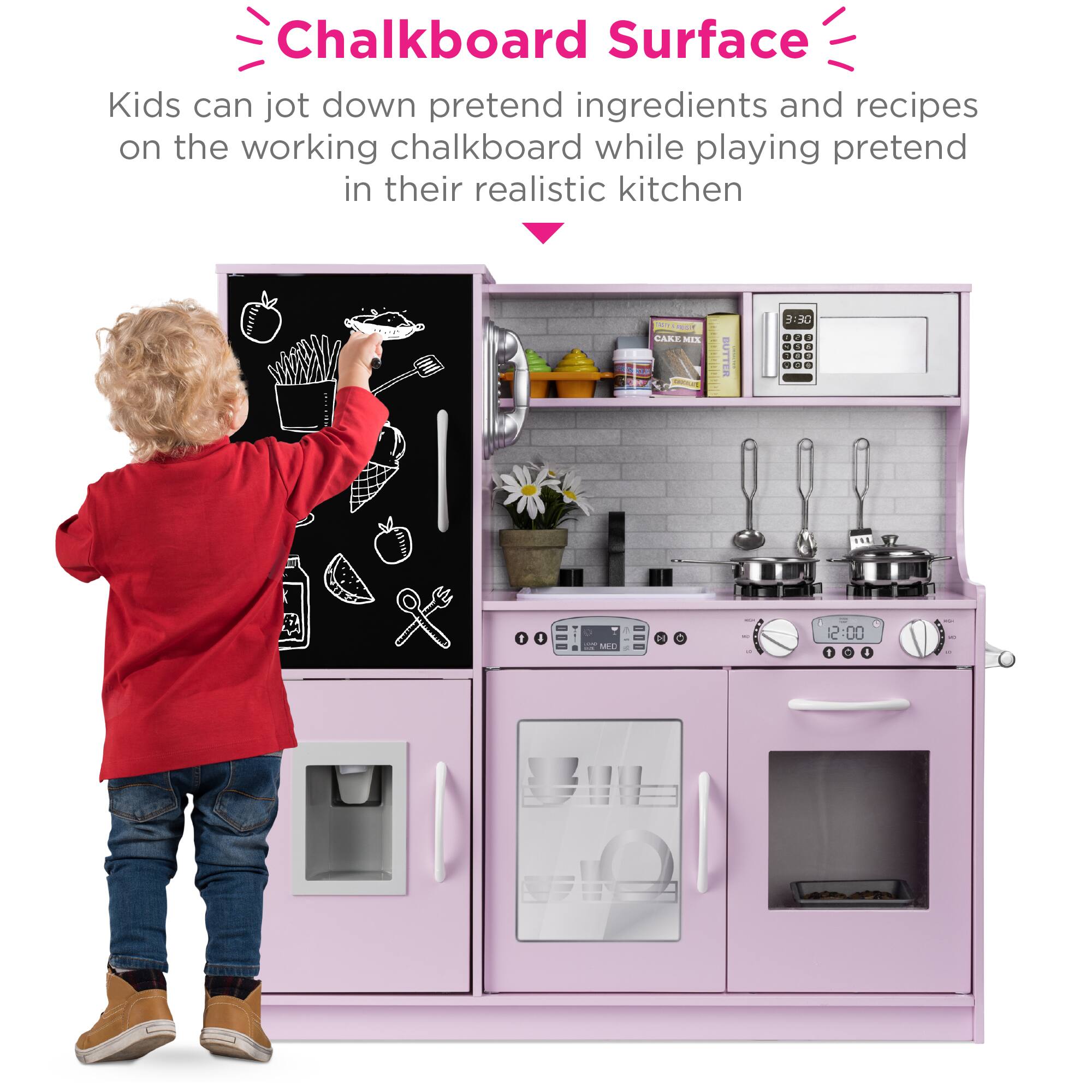 Chalkboard Surface

Kids can jot down pretend ingredients and recipes on the working chalkboard while playing pretend in their realistic kitchen.
