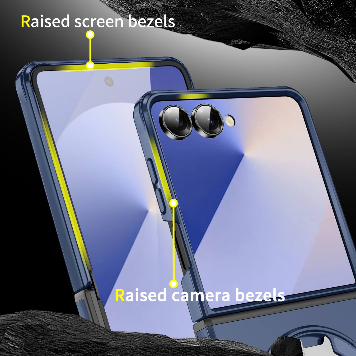 Raised screen bezels  
Raised camera bezels