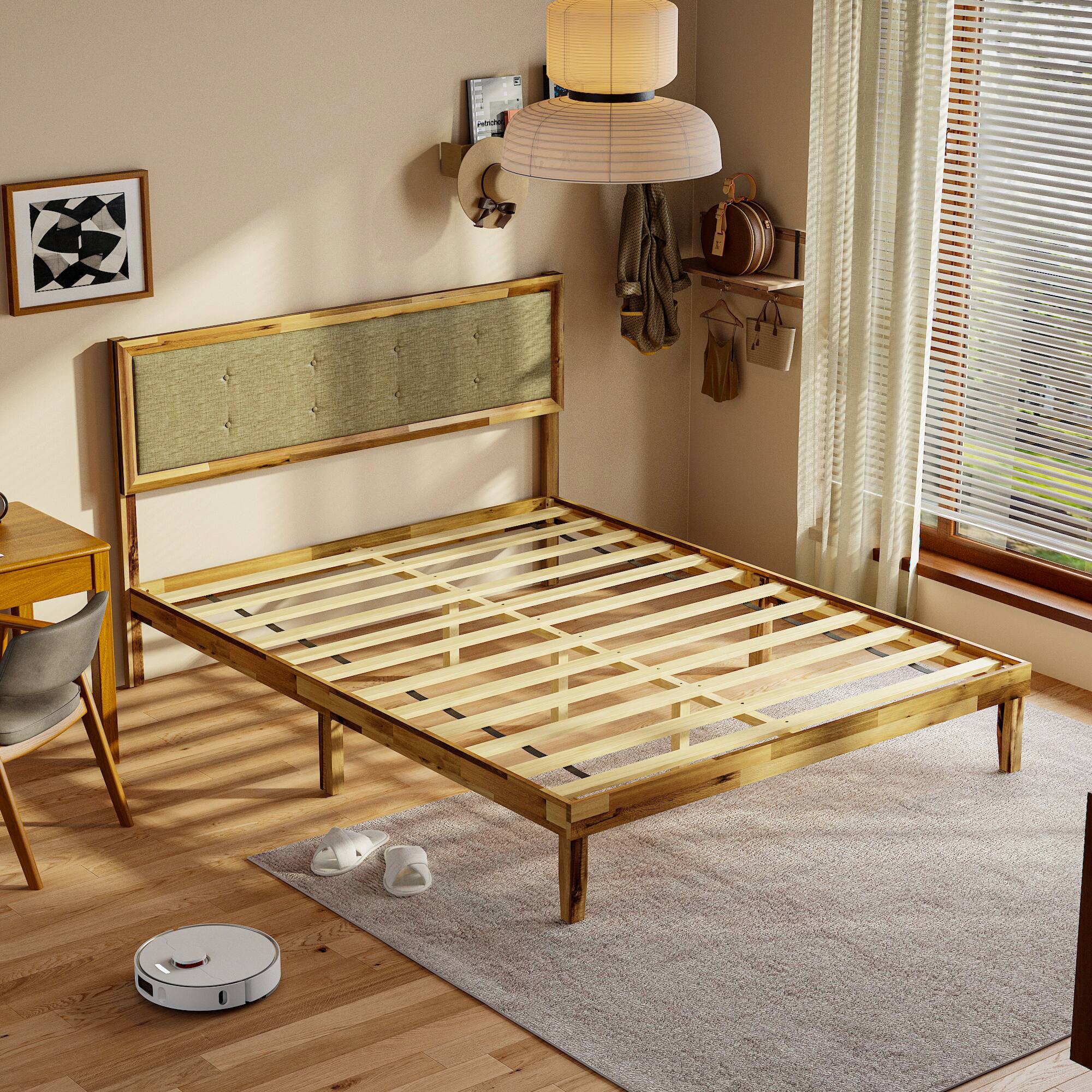Angle. Famapy - Famapy Upholstered Headboard Solid Wood Bed Frame with - Sturdy Slat Support, No Box Spring Needed - Wooden.