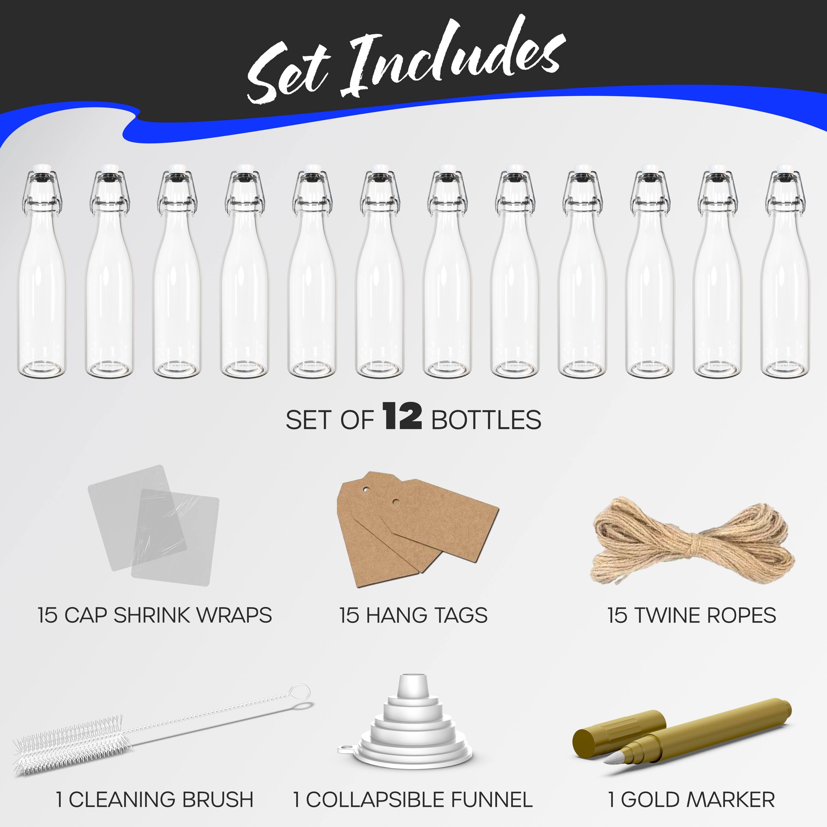 Set Includes

- SET OF 12 BOTTLES
- 15 CAP SHRINK WRAPS
- 15 HANG TAGS
- 15 TWINE ROPES
- 1 CLEANING BRUSH
- 1 COLLAPSIBLE FUNNEL
- 1 GOLD MARKER