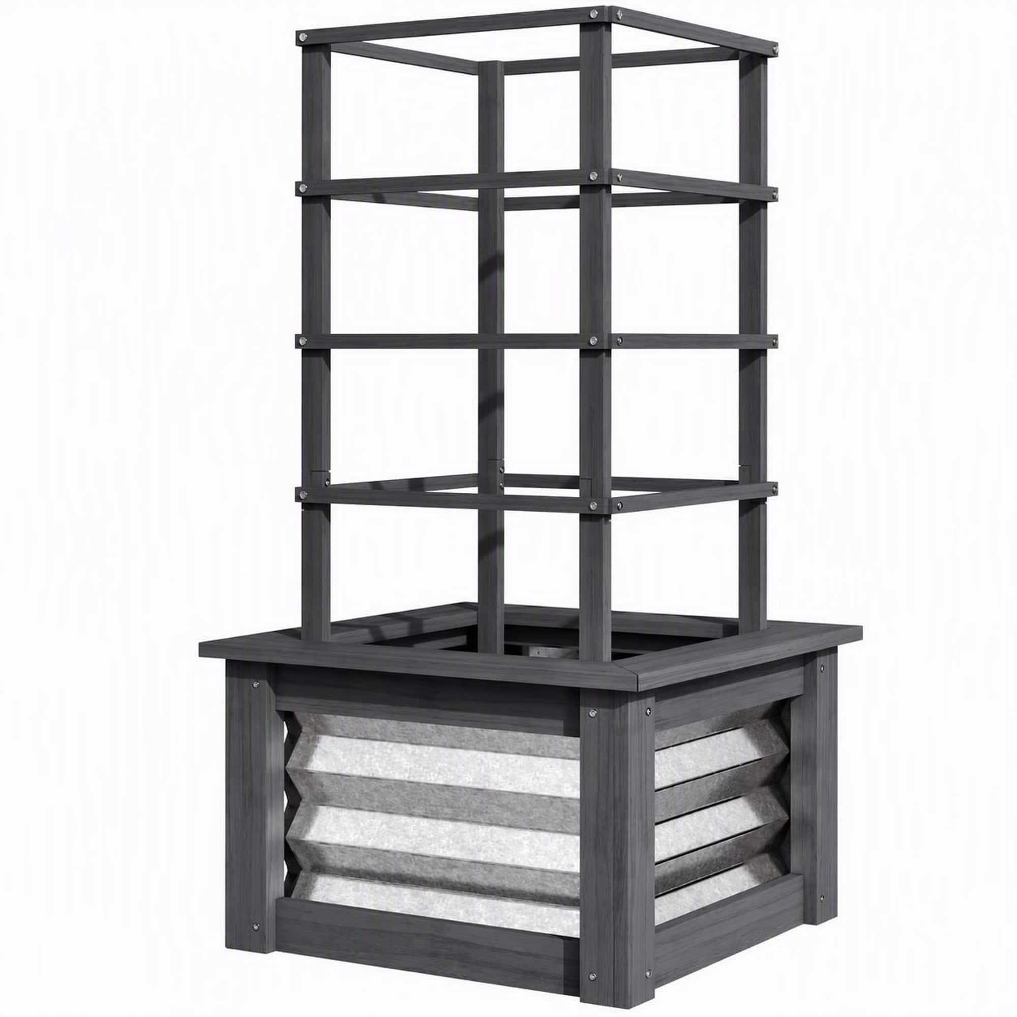 RYHNUYNE - Raised Garden Bed with Trellis, Galvanized Planter Box on Fir Wood Stand for Climbing Plants, Vegetables - Grey