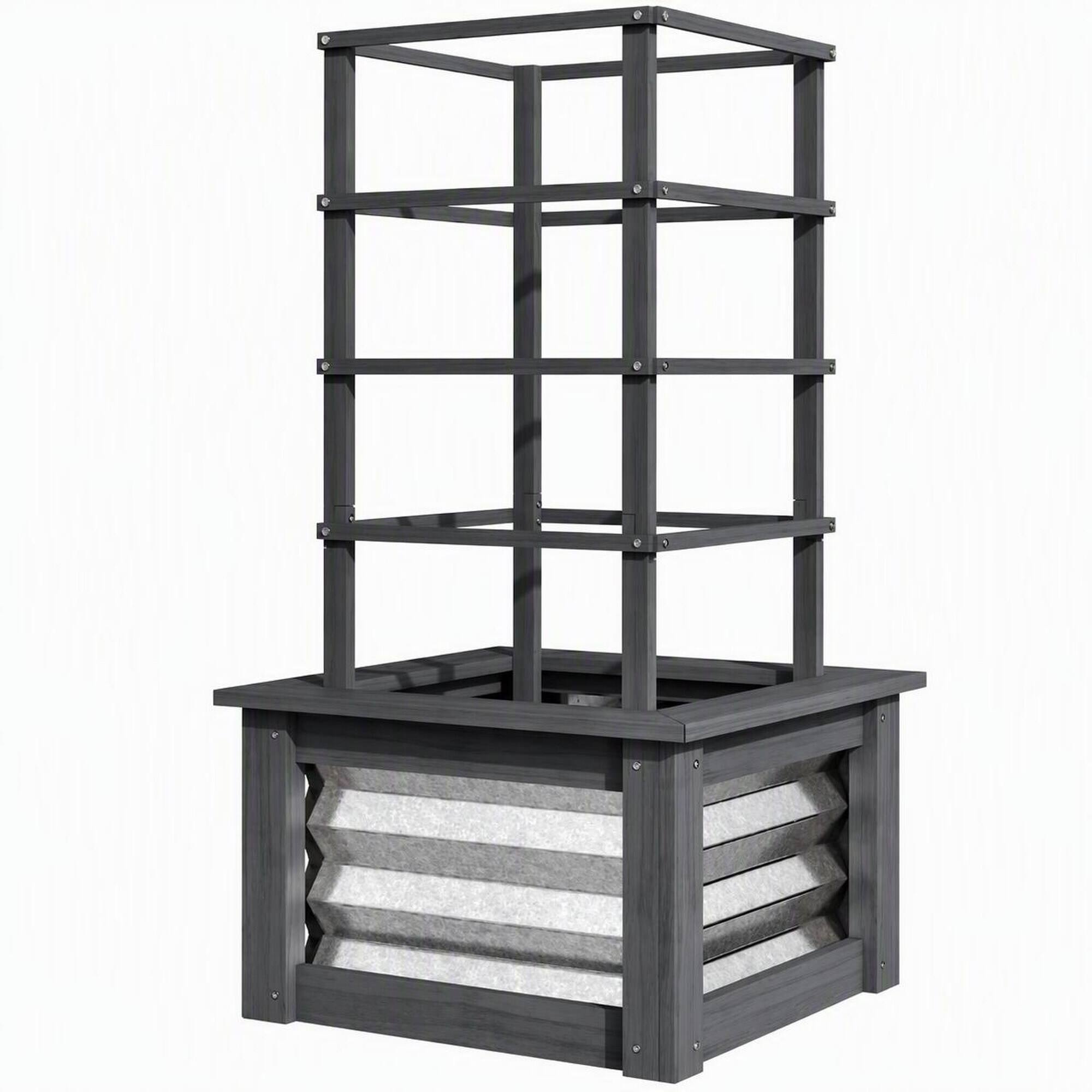 Front. RYHNUYNE - Raised Garden Bed with Trellis, Galvanized Planter Box on Fir Wood Stand for Climbing Plants, Vegetables - Grey.