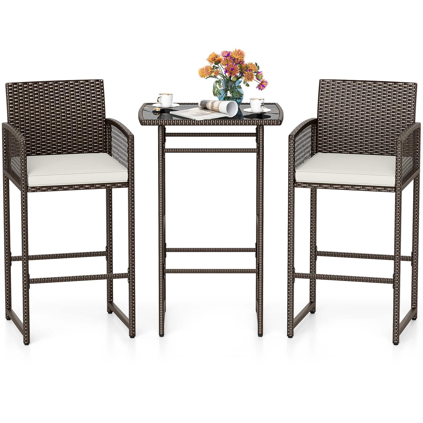 Gymax - Set Of 3 Patio Bar Set Wicker Table & Armchairs w/ 2 Cushions & Glass Tabletop - Brown