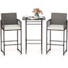 Front. Gymax - Gymax Set Of 3 Patio Bar Set Wicker Table & Armchairs w/ 2 Cushions & Glass Tabletop - Brown.