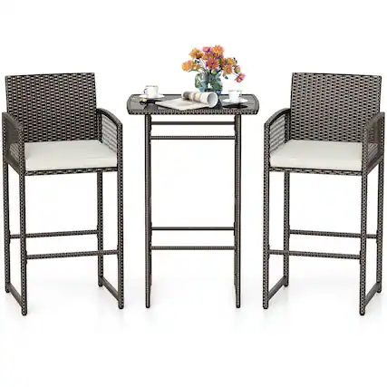 Front. Gymax - Gymax Set Of 3 Patio Bar Set Wicker Table & Armchairs w/ 2 Cushions & Glass Tabletop - Brown.