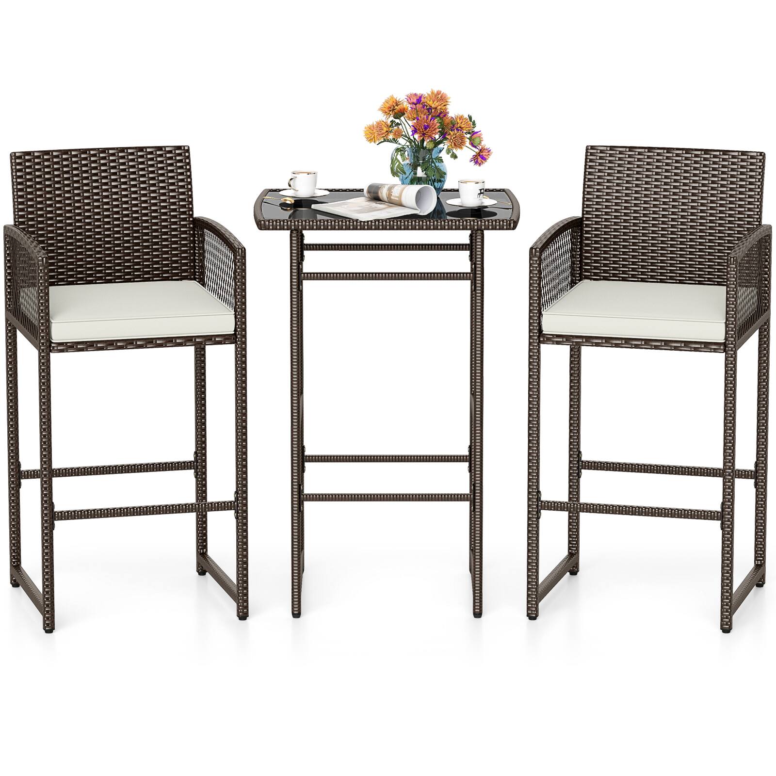 Front. Gymax - Gymax Set Of 3 Patio Bar Set Wicker Table & Armchairs w/ 2 Cushions & Glass Tabletop - Brown.
