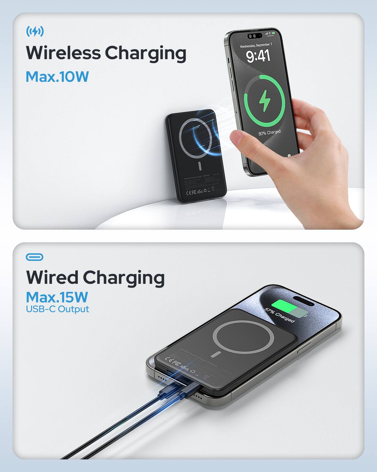 Wireless Charging Max.10W  
T. 4 d September 1 Wednesday 9:41 80% Charged  
D CEFC CEEC  

Wired Charging Max.15W USB-C Output 57% Charged  
CEFC Alla O