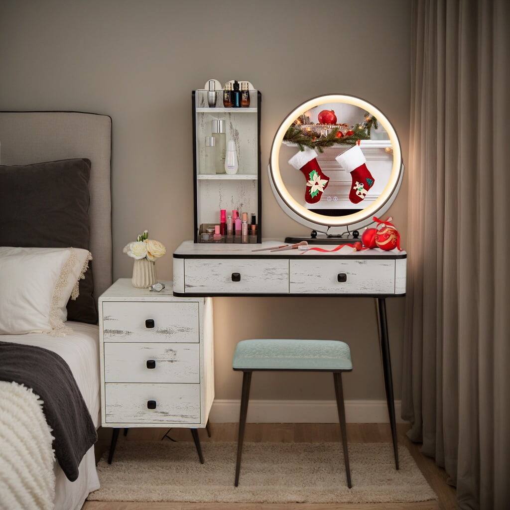 Kadyn - Vanity Desk Set with LED Lighted Mirror, 5 Storage Drawers and 3 Display Shelves, Makeup Vanity with Cushioned Stool - White
